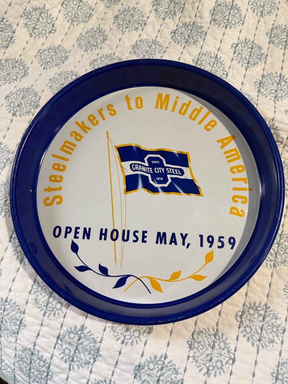 Steelmakers vintage round Tin Tray GRANITE CITY STEEL 1959